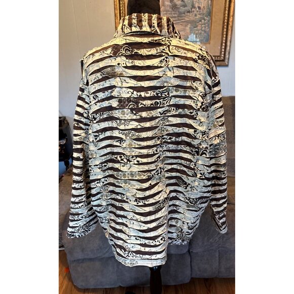 Life Style Woman Button-Up Jacket Earth Tones Striped Pattern Blouse Dressy Glam - Picture 3 of 9